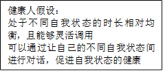 健康人假设：
处于不同自我状态的时长相对均衡，且能够灵活调用
可以通过让自己的不同自我状态间进行对话，促进自我状态的健康
